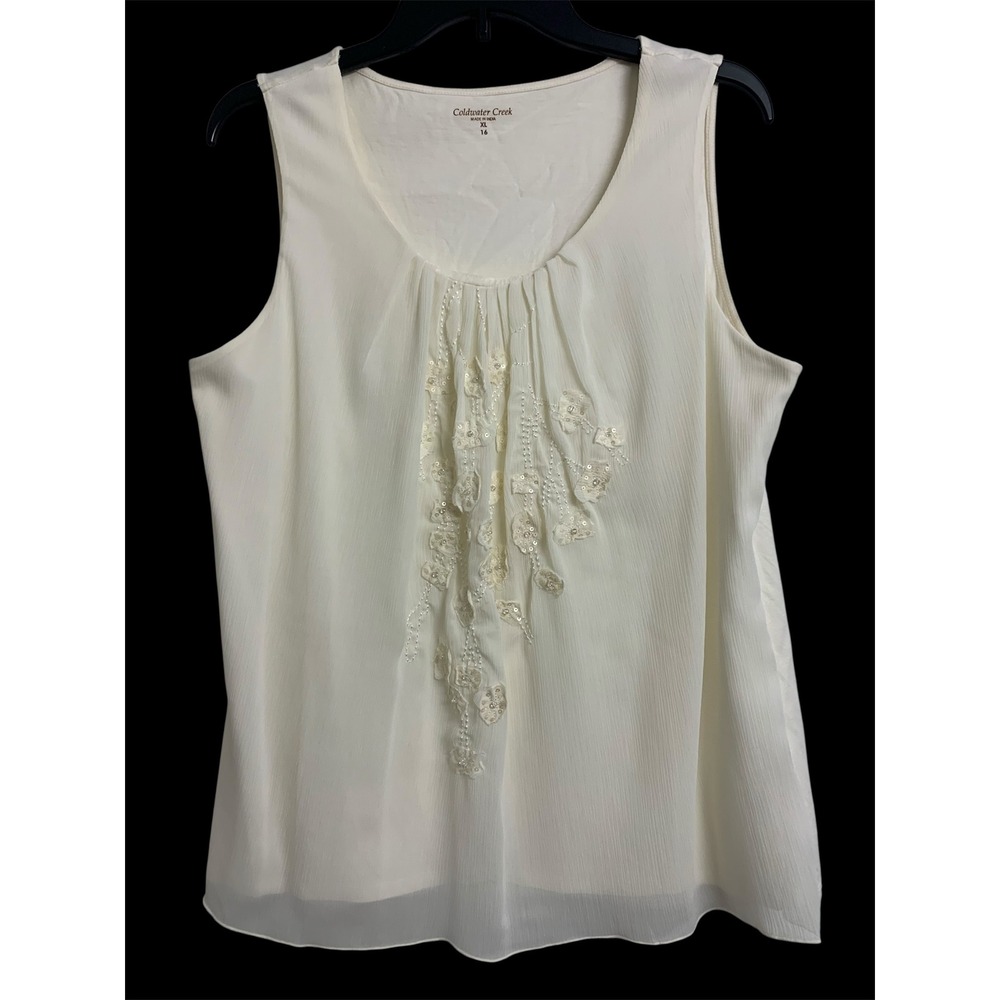 Coldwater‎ Creek Ivory Chiffon Overlay Floral Sequin Tank Top XL 16 Creamy White